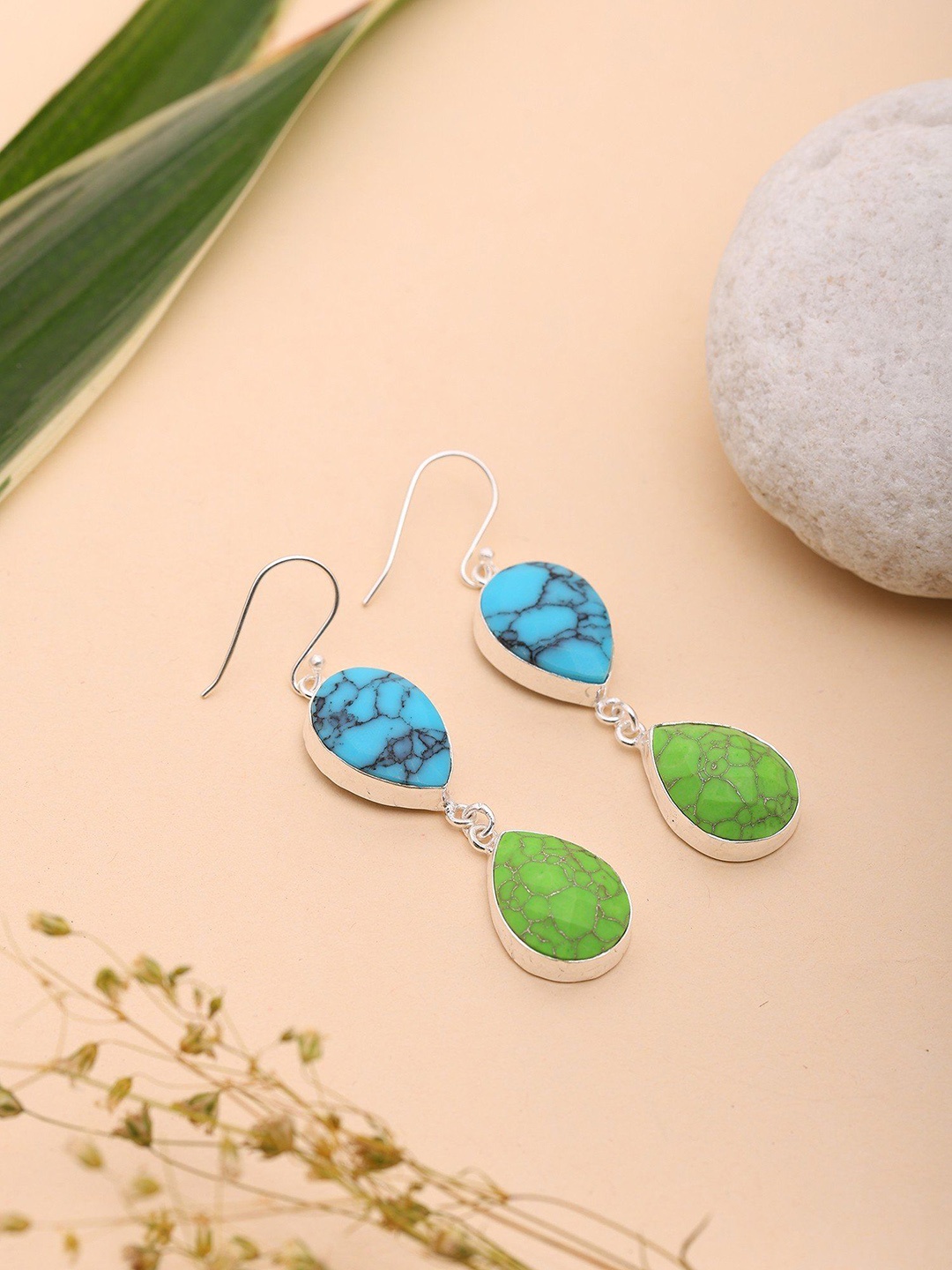 

Exotic India 925 Sterling Silver Plated Turquoise Shaped Teardrop Shaped Drop Earrings, Blue