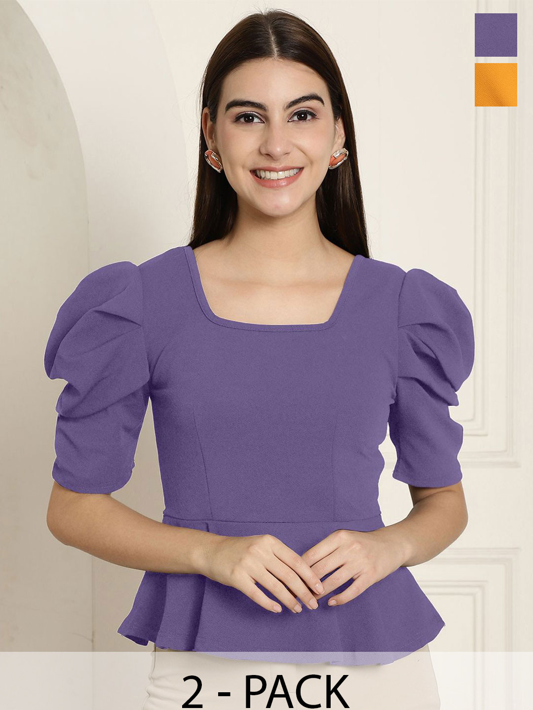 

Tromko Women Square Neck Puff Sleeve Peplum Top, Multi