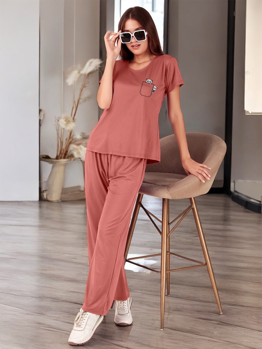 

Fasense Round Neck T-Shirt With Trouser Co-Ords, Pink
