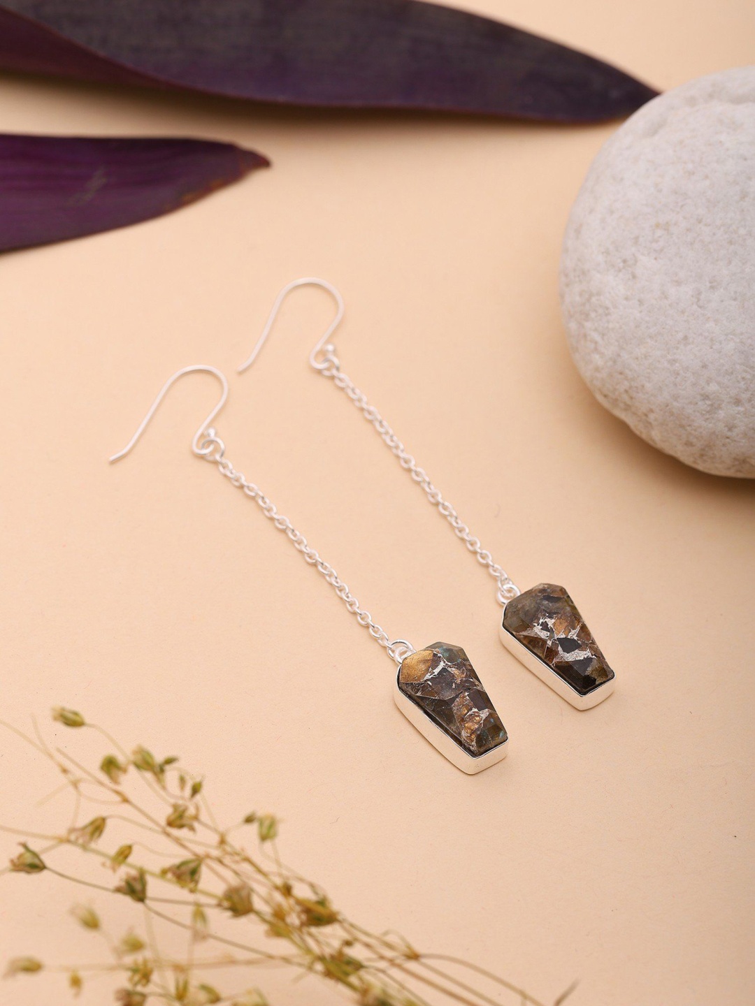 

Exotic India Silver-Plated Geometric Shaped Turquoise Drop Earrings, Brown