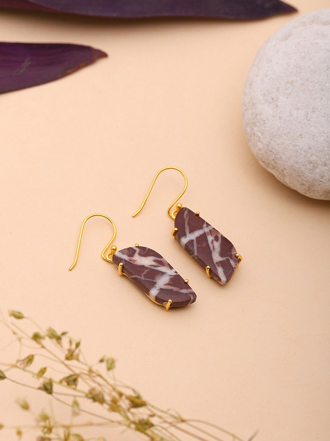 

Exotic India Sterling Silver Gold-Plated Contemporary Kona Jasper Gemstone Drop Earrings, Brown