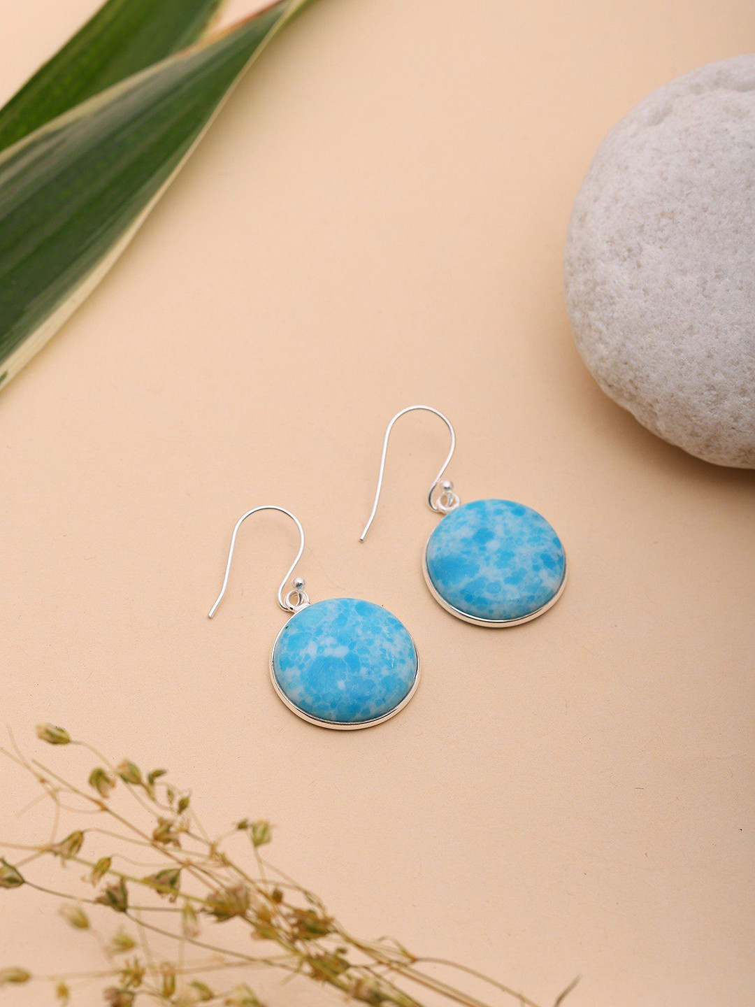 

Exotic India Sterling Silver Circular Shaped Silver-Plated Faceted Larimar Drop Earrings, Blue