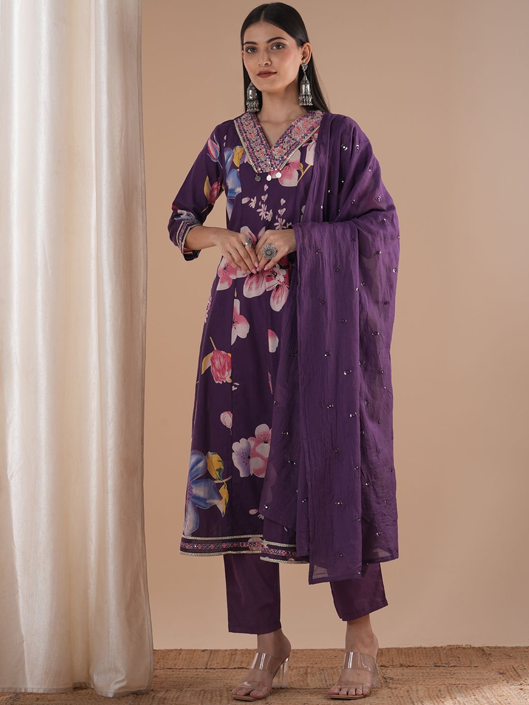 

FASHOR Women Ethnic Motifs Printed Panelled Mirror Work Pure Cotton Kurta with Trousers & With Dupatta, Purple