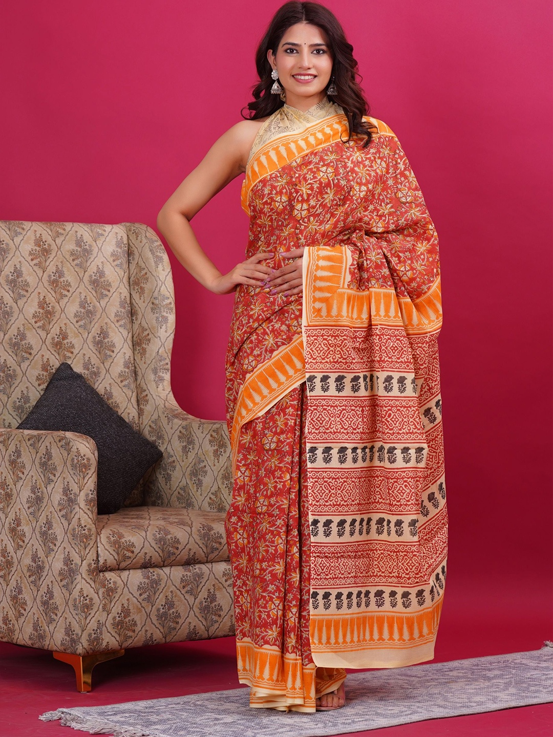 

Shivanya Handicrafts Ethnic Motifs Printed Pure Mulmul Cotton Block Print Saree, Red