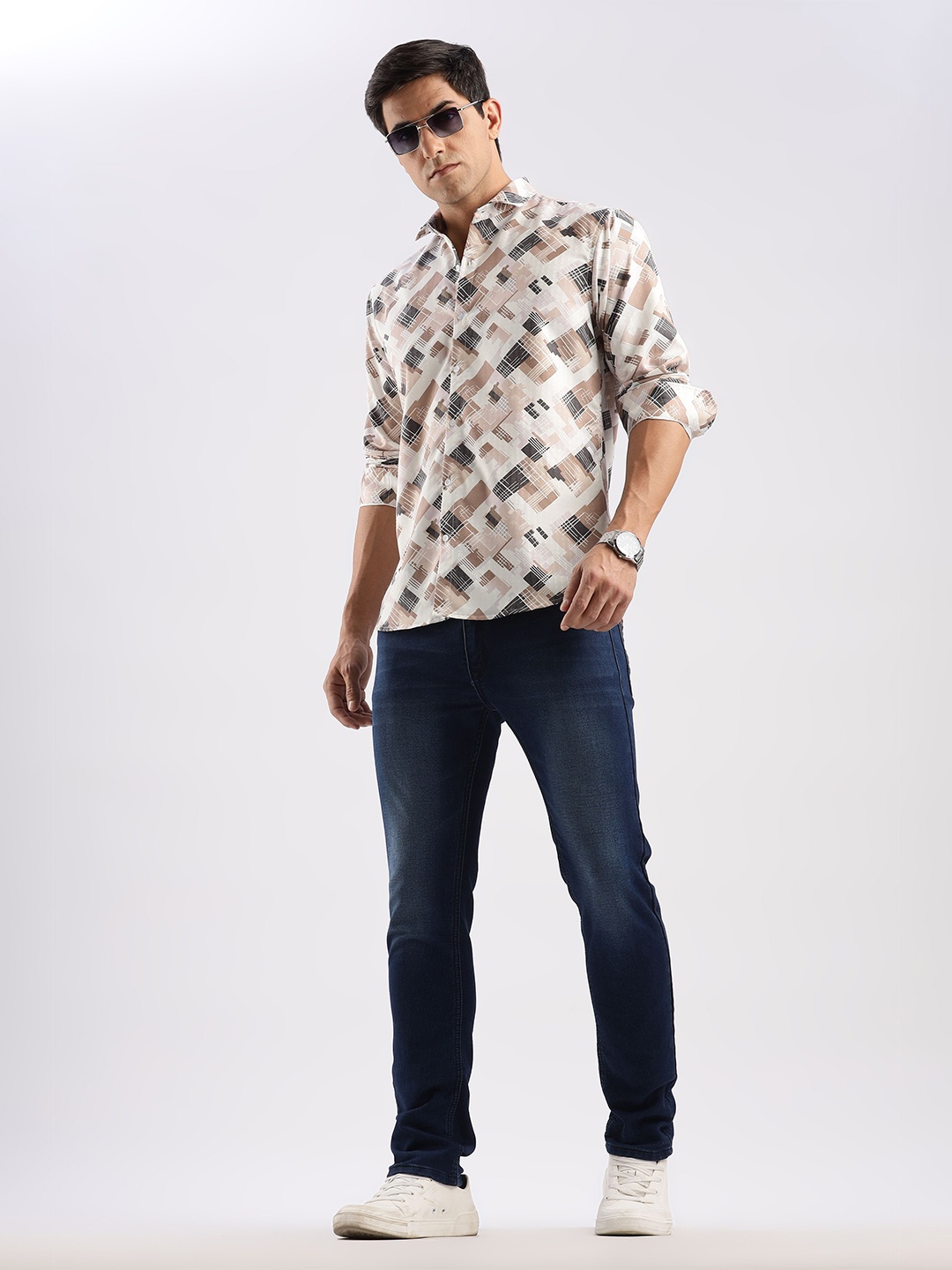 

RICH & ROMAN Men Classic Printed Semiformal Shirt, Beige