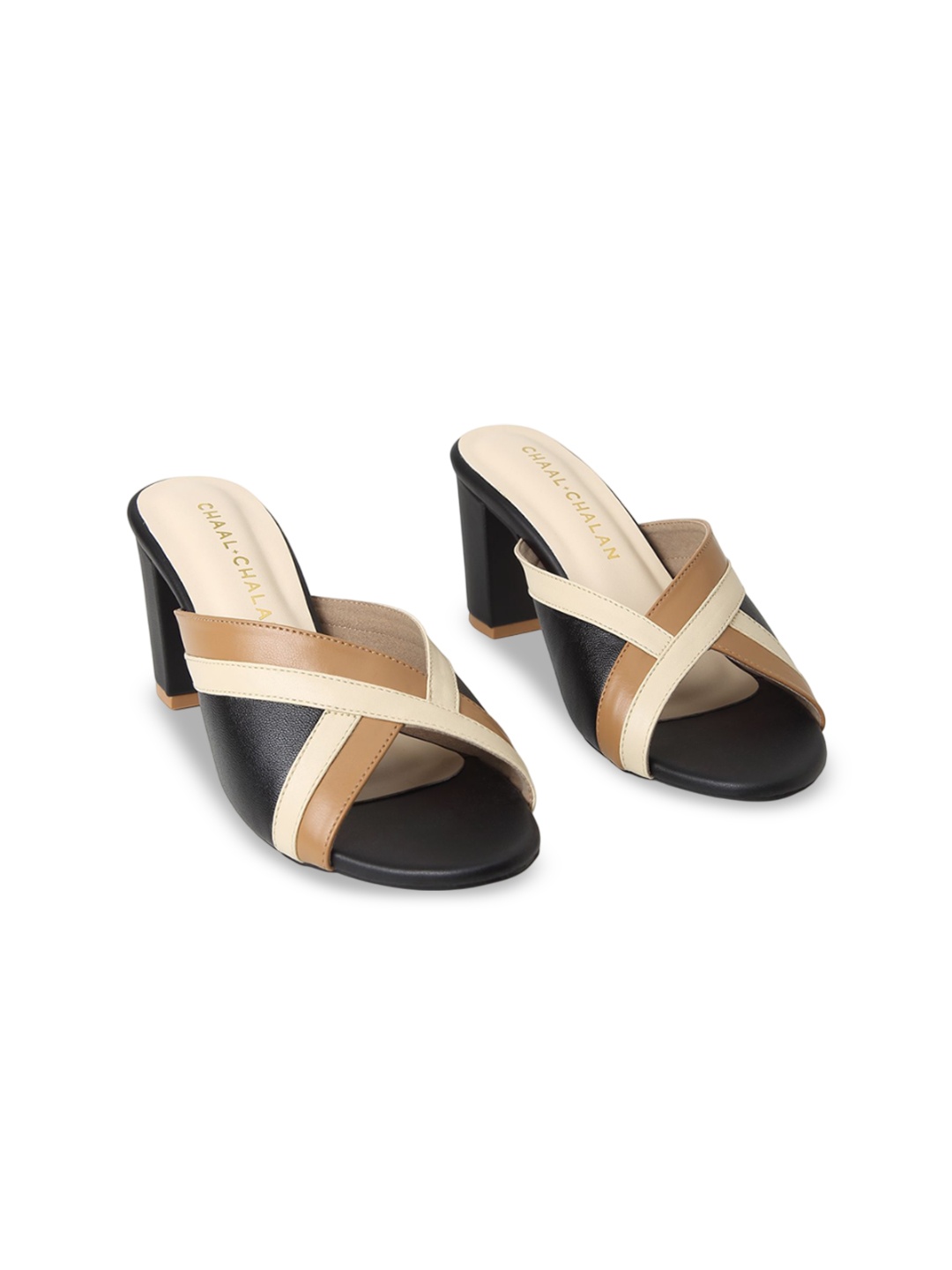 

CHAAL CHALAN Colourblocked PU Work Block Mules, Black