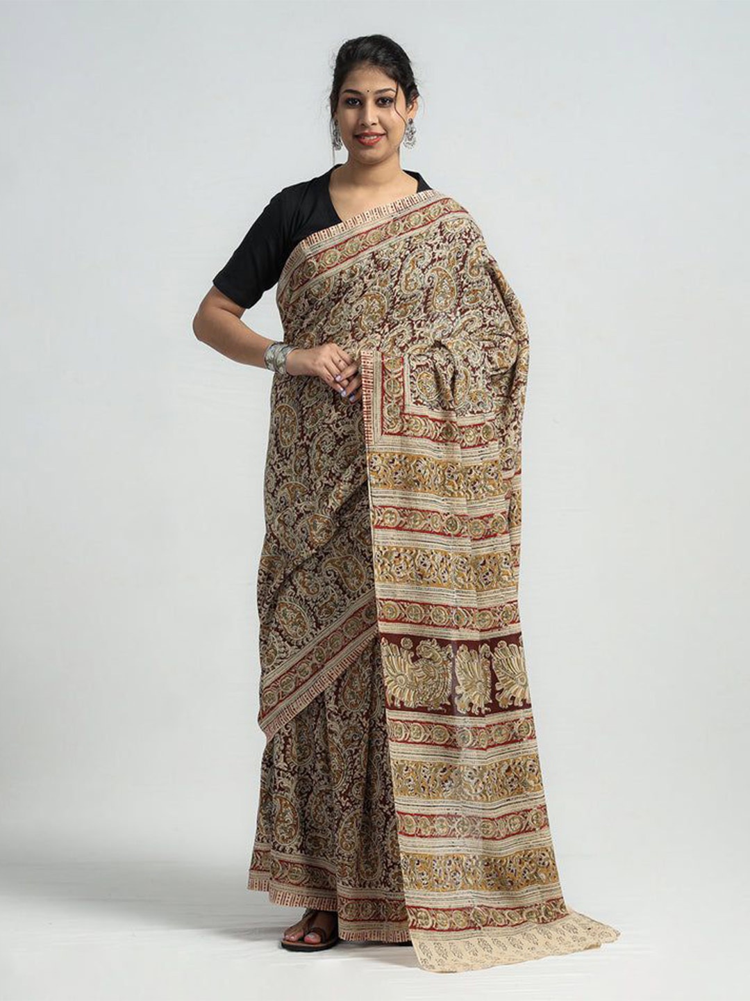 

iTokri Kalamkari Pure Cotton Block Print Saree, Beige