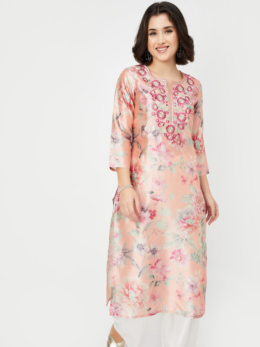 

max Floral Printed Thread Work Notch Neck Straight Kurta, Pink