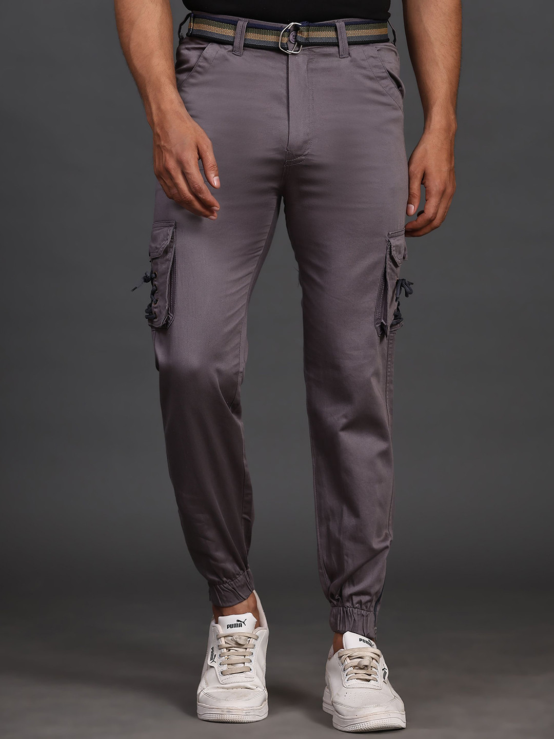 

JFH Men Cotton Mid-Rise Relaxed Joggers Cargo Styles Trousers, Grey