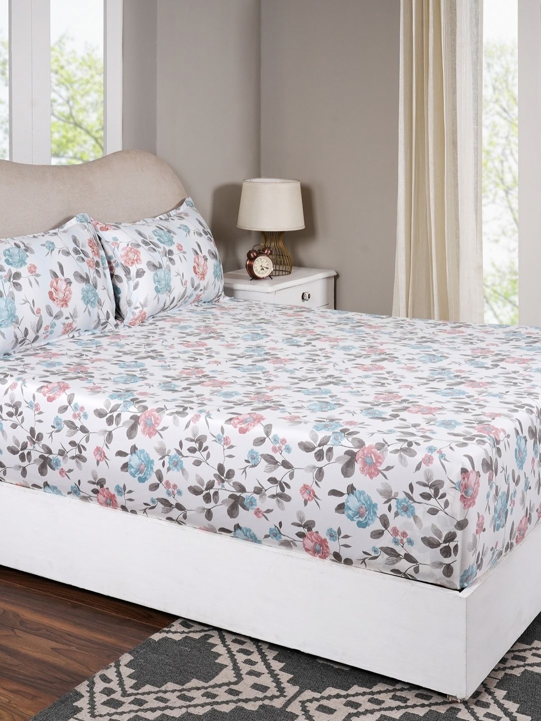 

MASPAR Blue Printed Pure Cotton 300 TC Single Fitted Bedsheet Set 91 cm x 1.83 m x 38 cm