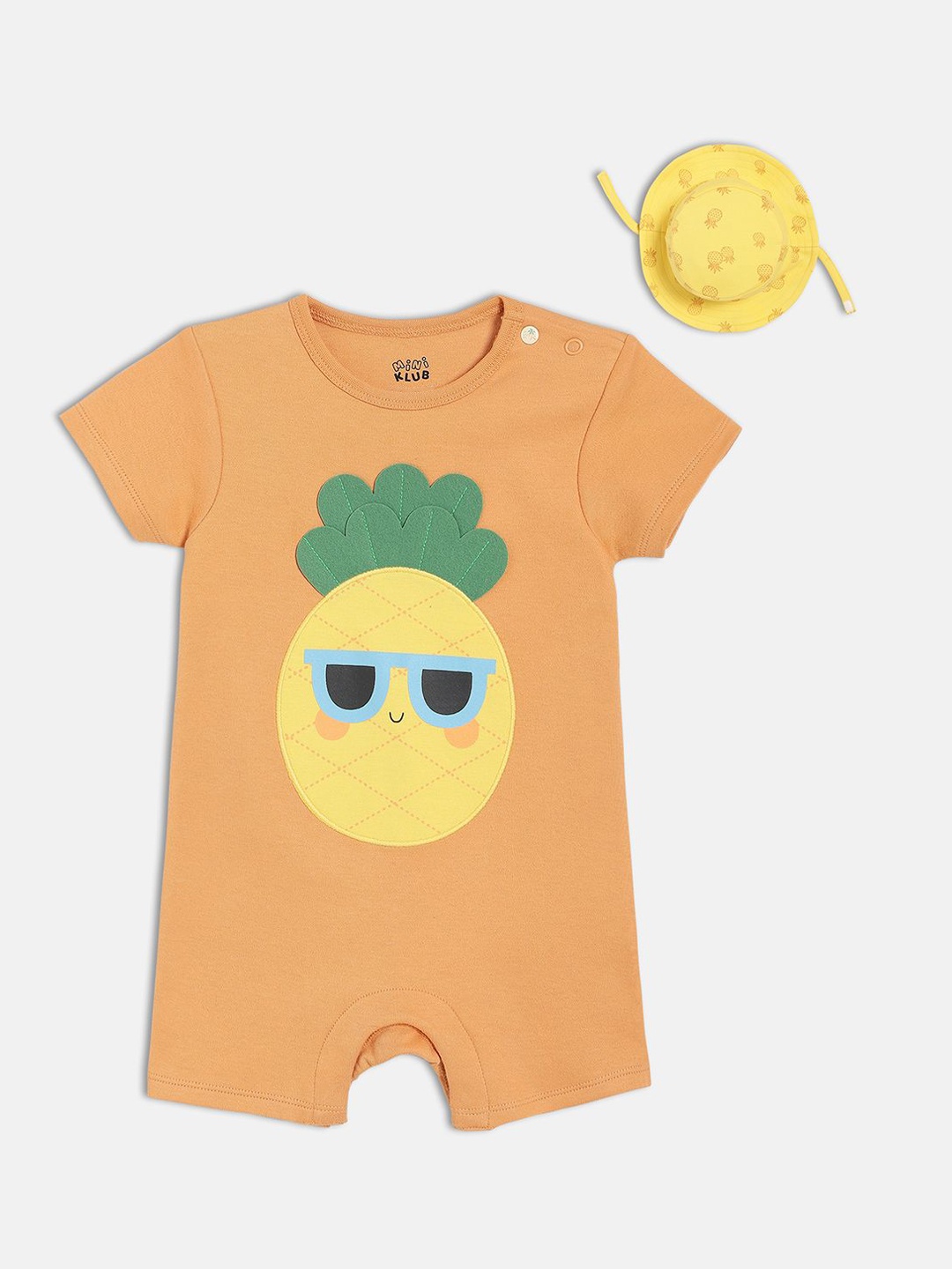 

MINI KLUB Infant Boys Applique Pure Cotton Half Sleeves Romper With Cap, Orange