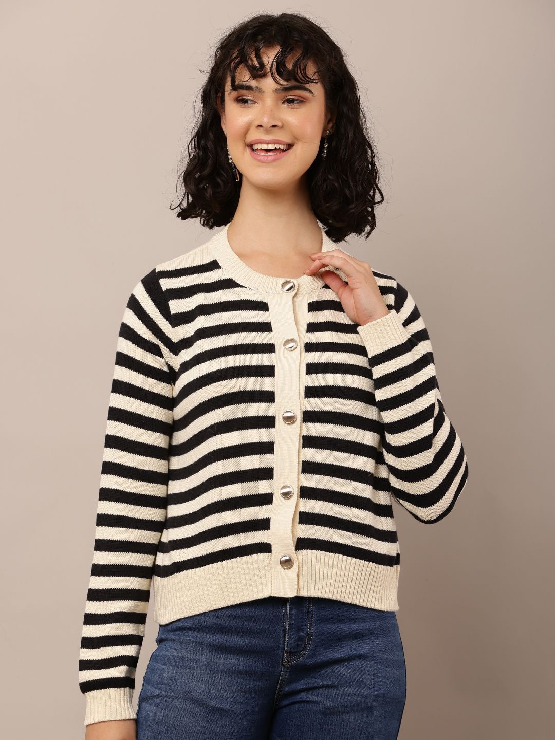 

NoBarr Women Striped Cardigan, Black