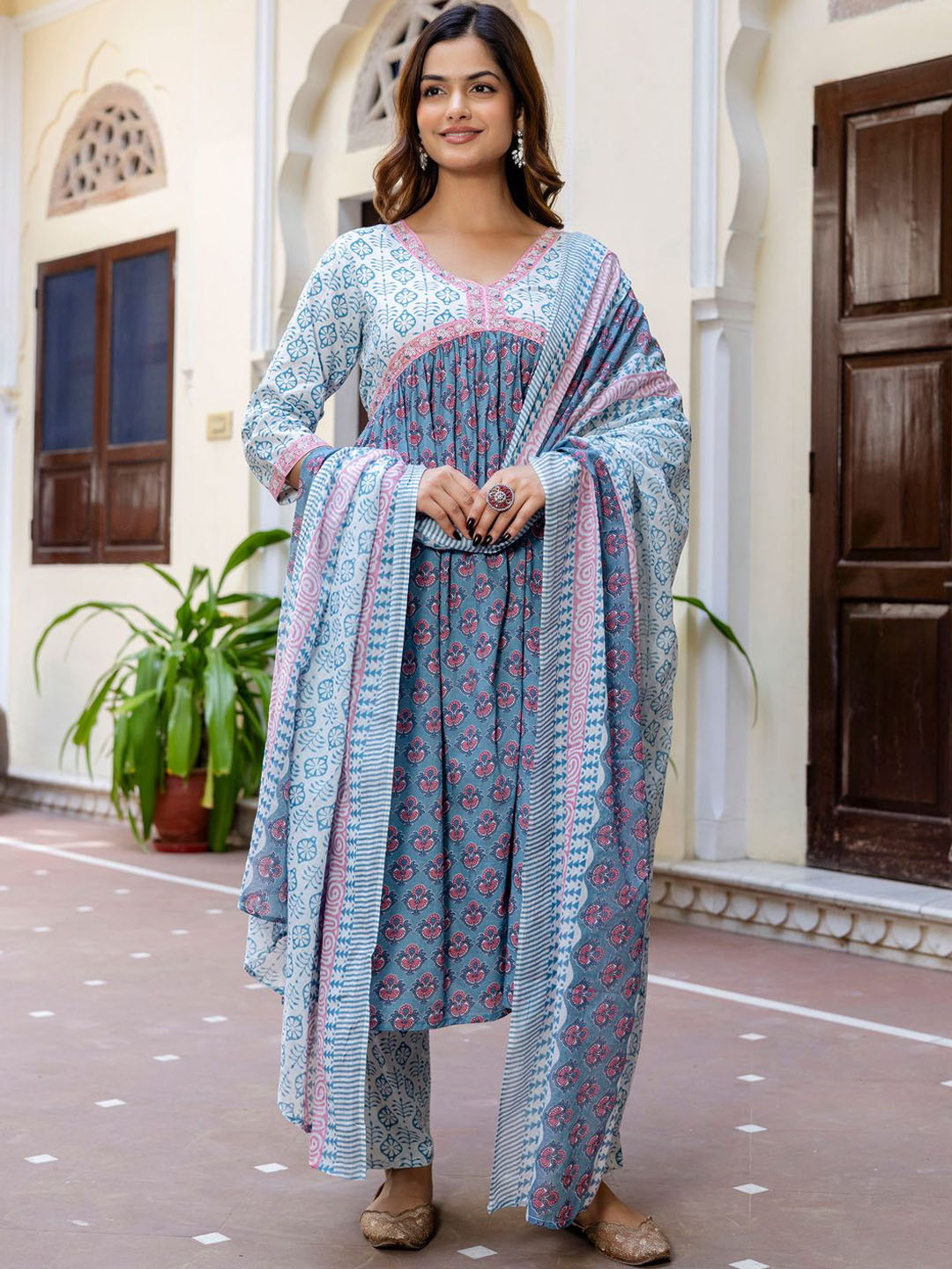 

Indo Era Floral Printed Empire Pure Cotton A-Line Kurta With Trousers & Dupatta, Blue