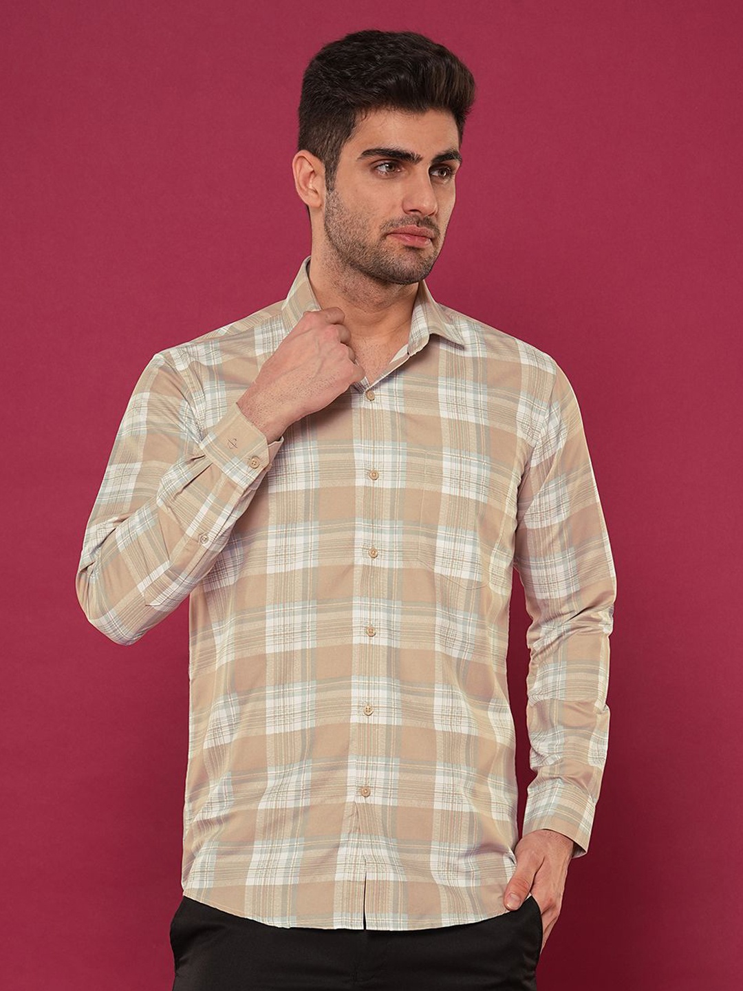

John Philips Men Slim Fit Opaque Checked Casual Shirt, Brown