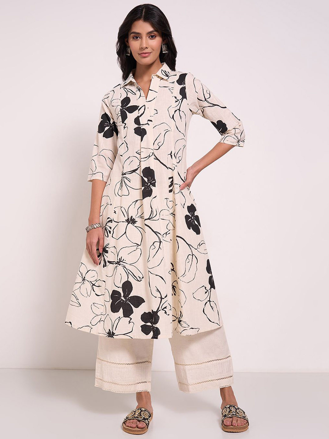 

RANGMANCH BY PANTALOONS Floral Printed Shirt Collar A-Line Kurta, Off white