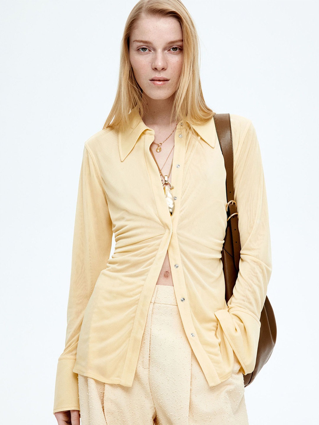 

H&M Ruched Mesh Shirt, Yellow