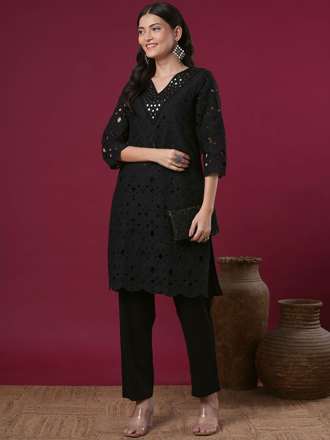 

FASHOR Women Embroidered Regular Mirror Work Pure Cotton Kurta with Trousers, Black