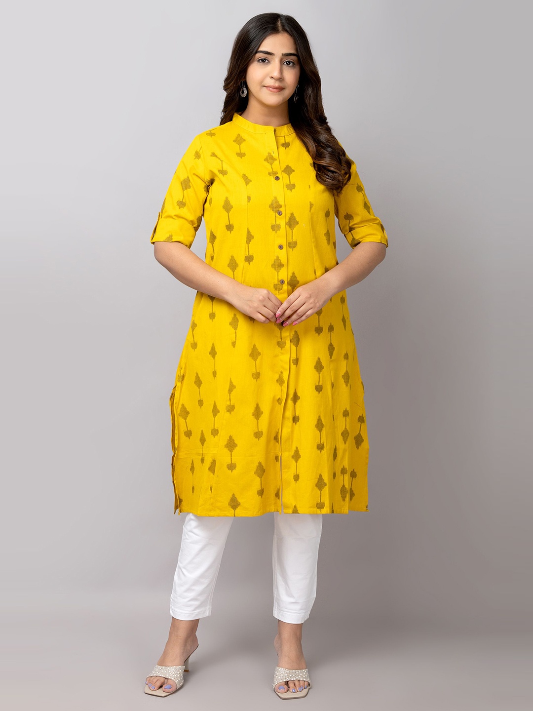 

TRIVEDI Printed Pure Cotton A-Line Kurta, Yellow