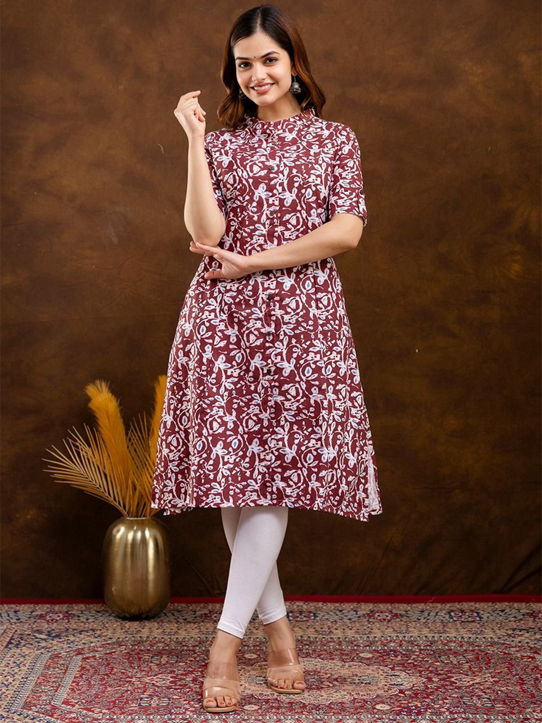 

TRIVEDI Floral Printed Mandarin Collar Ethnic A-Line Kurta, Maroon