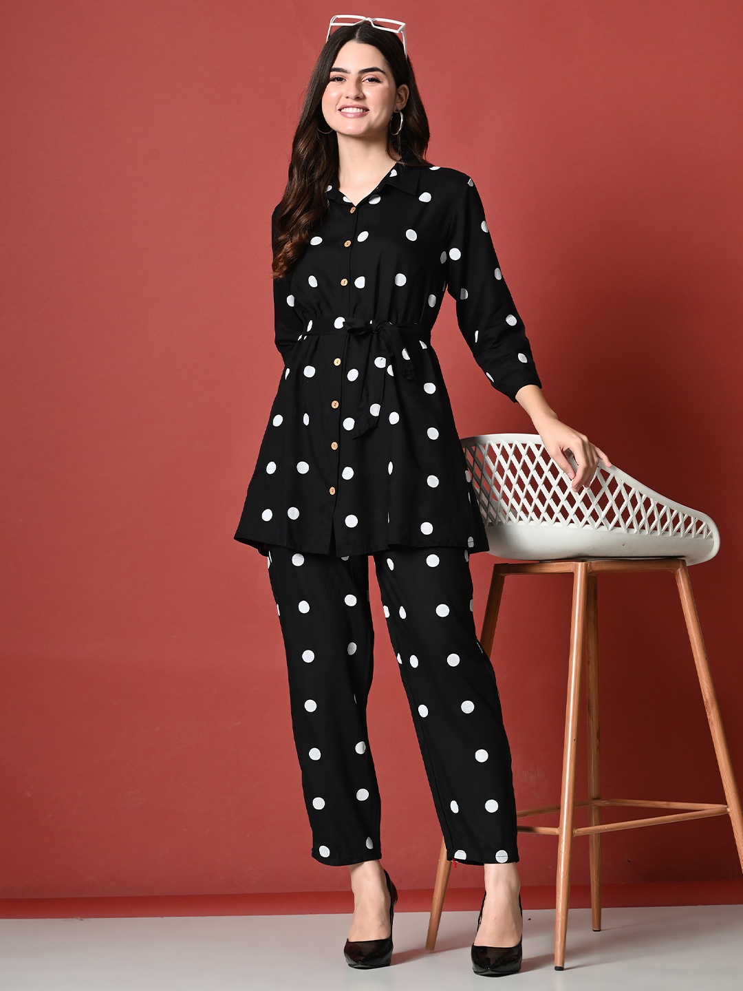 

ao services Printed Three-Quarter Sleeves Pure Cotton Tunic With Trouser, Black