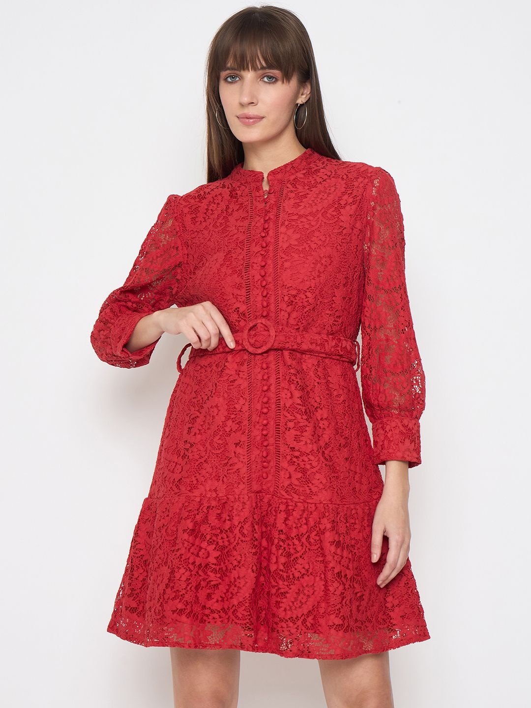 

Madame Puff Sleeve Fit & Flare Dress, Red