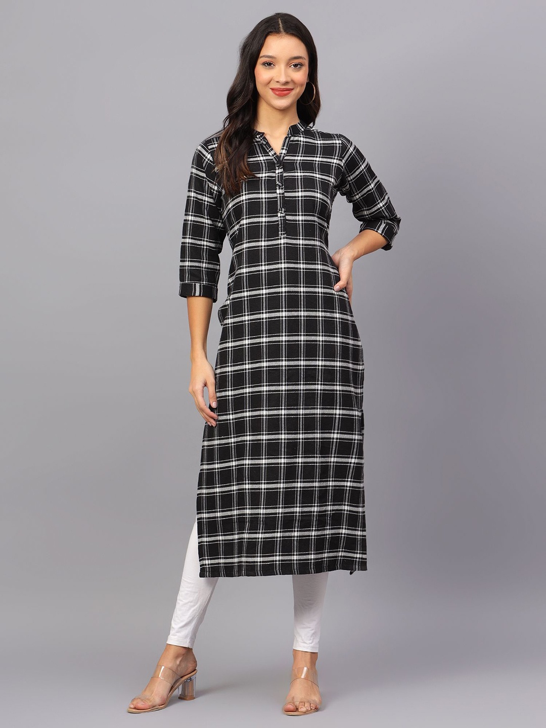 

ZARISTAA Pure Cotton Checked Mandarin-Collar Kurtas, Black