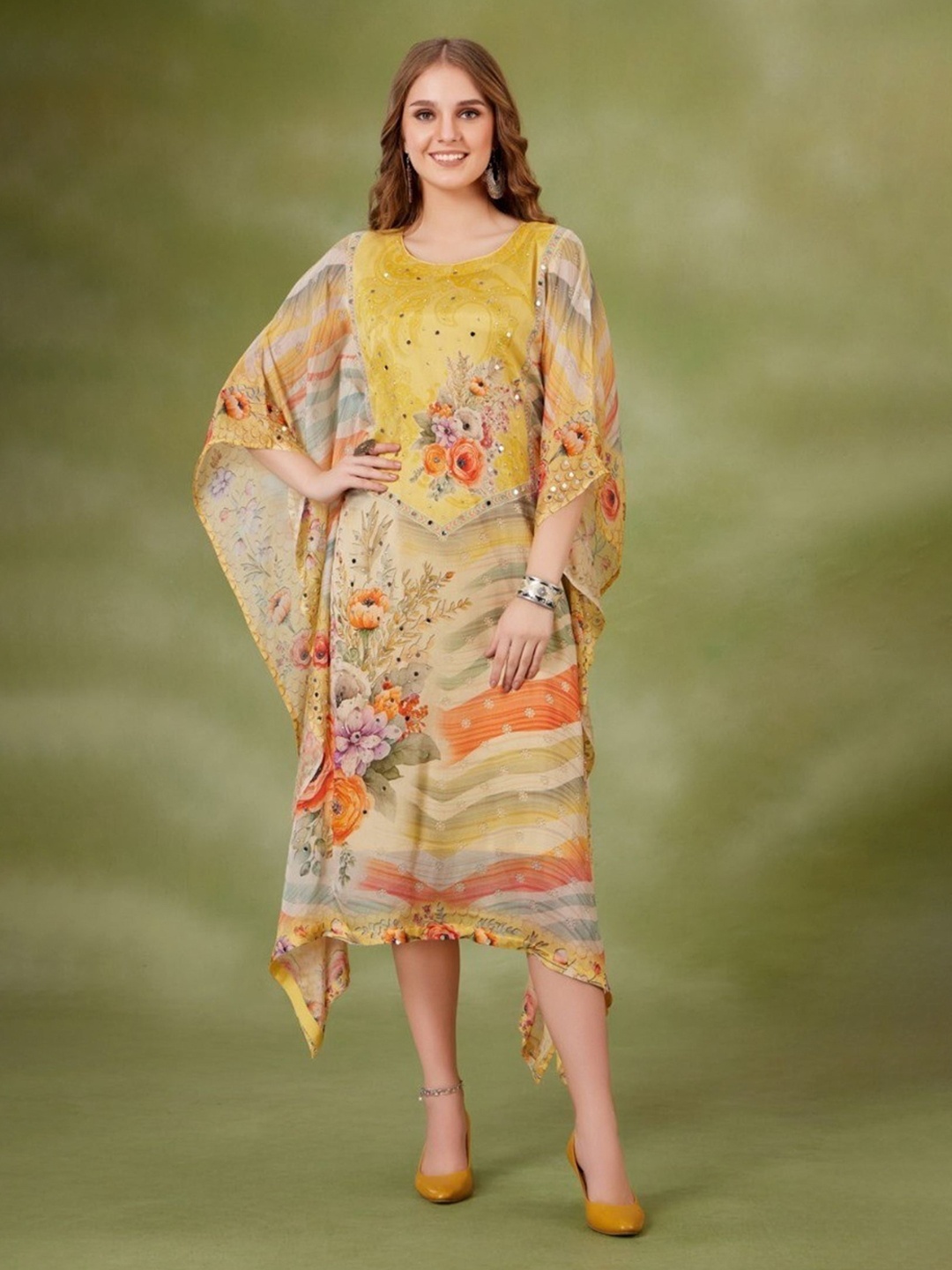 

FREYAA Women Floral Print Kaftan Midi Dress, Yellow