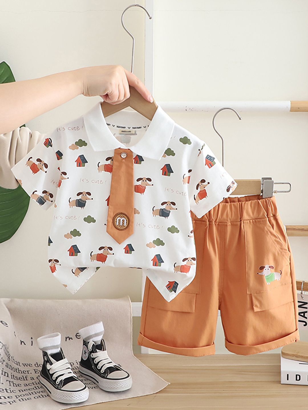 

INCLUD Boys Dog Printed Polo T-shirt With Attached Tie & Shorts, White