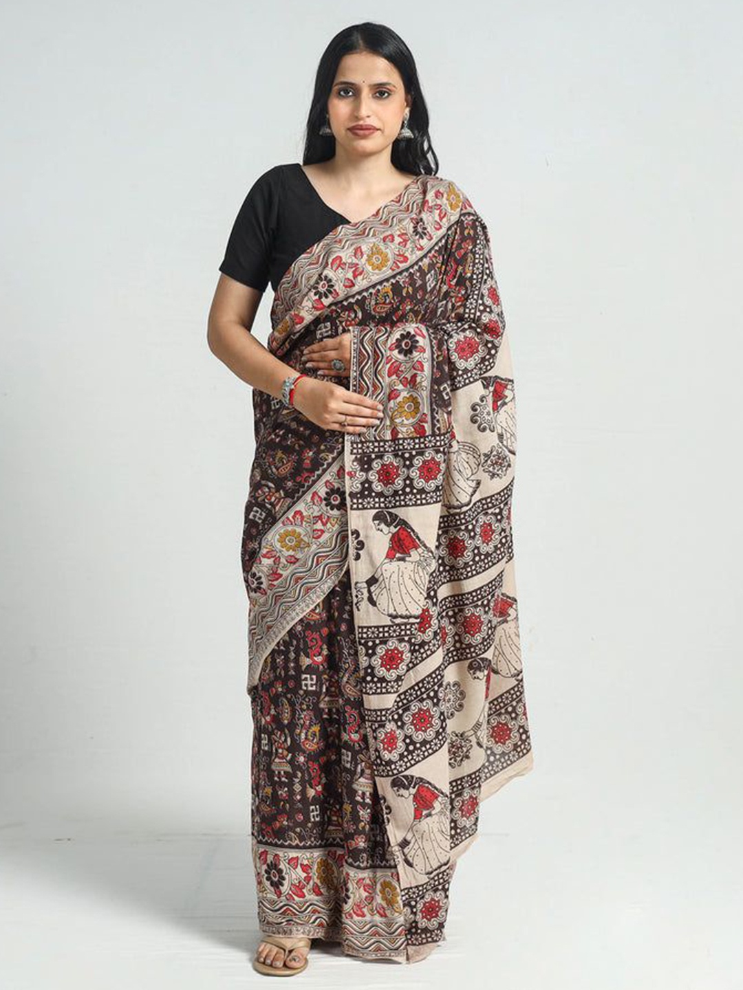 

iTokri Kalamkari Pure Cotton Block Print Saree, Black