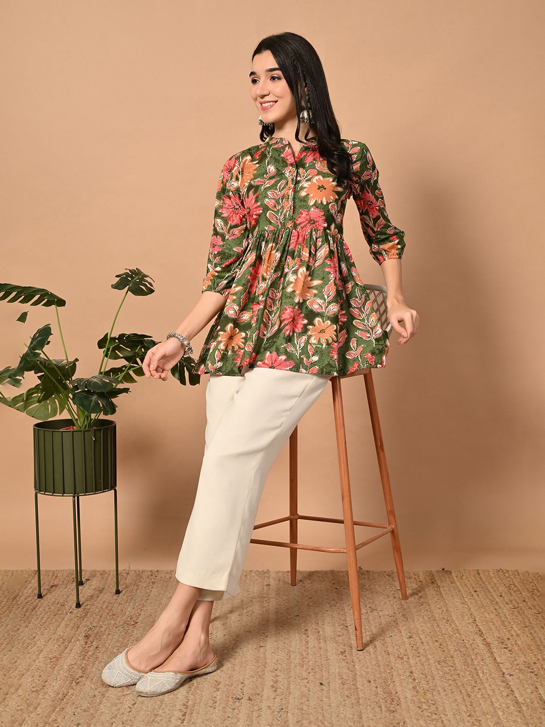 

Aktasa Floral Print Mandarin Collar Cotton Top, Green