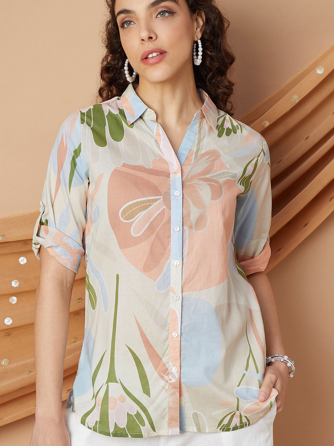 

Melange by Lifestyle Printed Shirt Collar Pure Cotton Kurti, Off white
