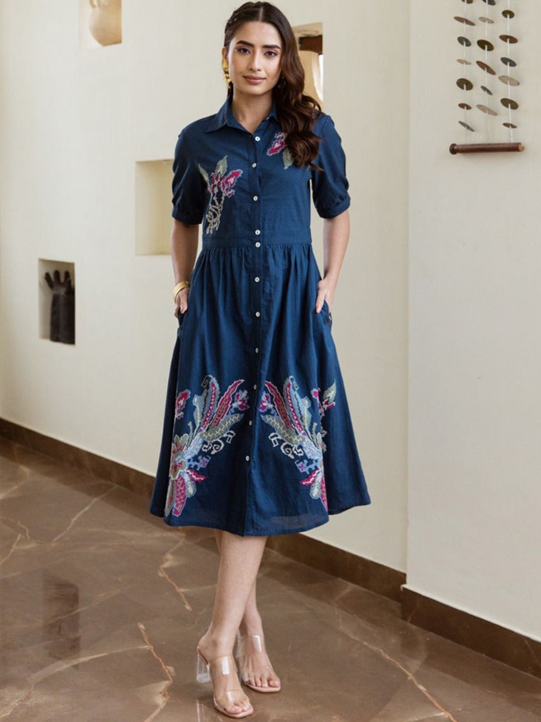 

AUTUMN LANE Embroidered Pure Cotton A-Line Midi Dress, Blue