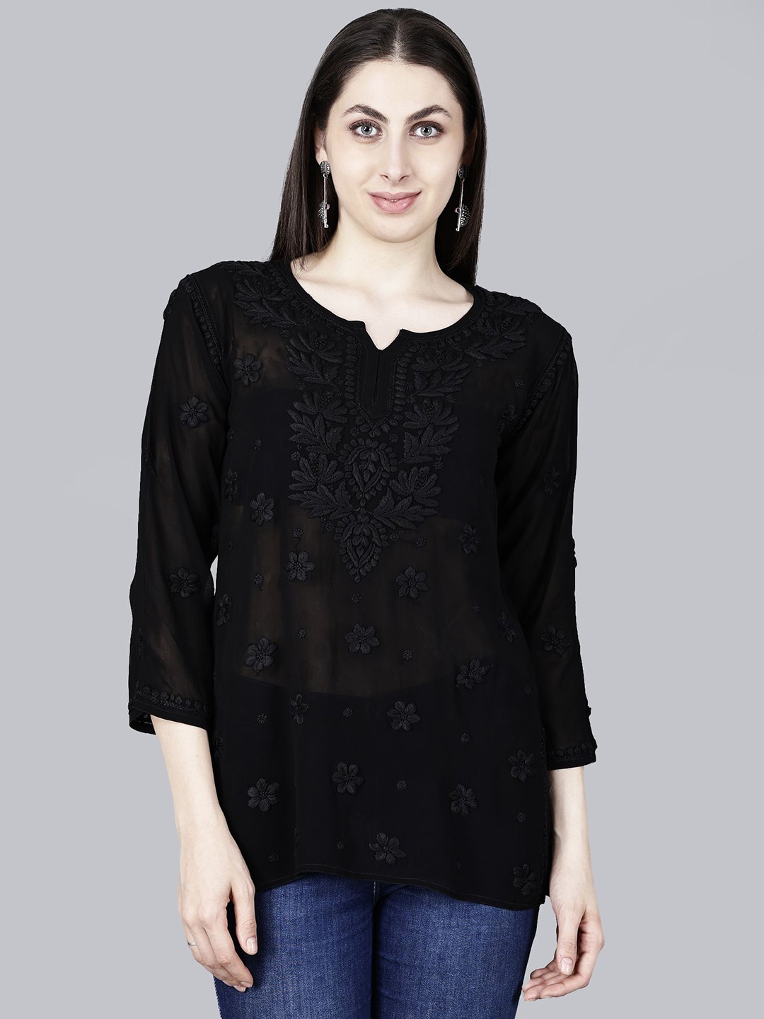 

NAZAQAT ETHNIC INDIA Ethnic Motifs Chikankari Embroidered Notch Neck Georgette Kurti, Black
