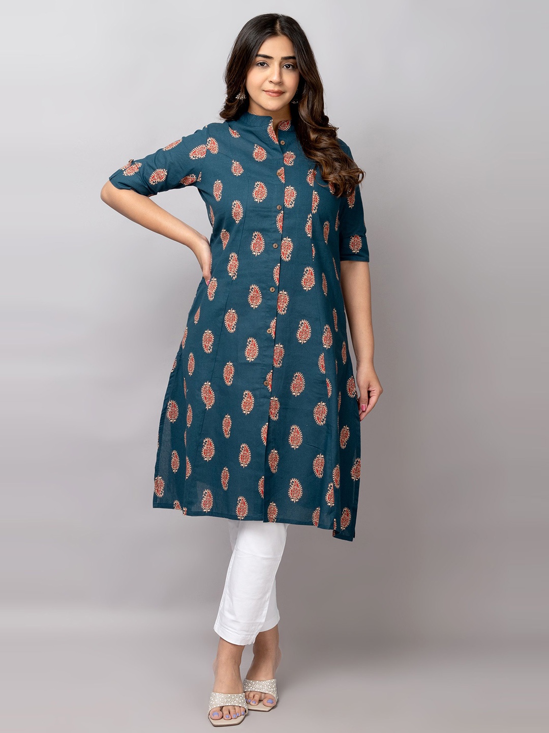 

TRIVEDI Paisley Printed Pure Cotton Mandarin Collar Ethnic A-Line Kurta, Blue