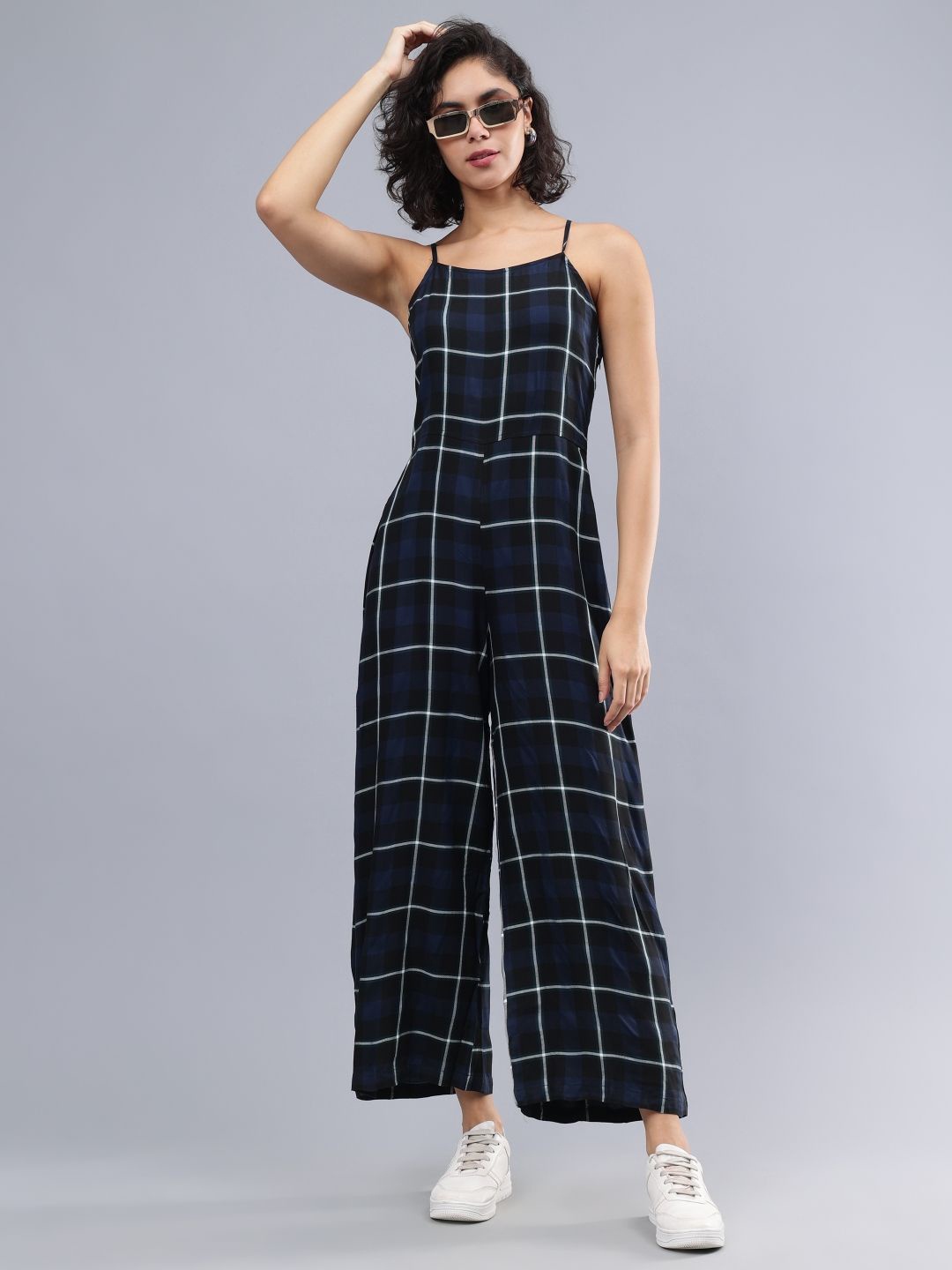 

ENTELLUS Women Shoulder Straps Checked Cotton Basic Jumpsuit, Black