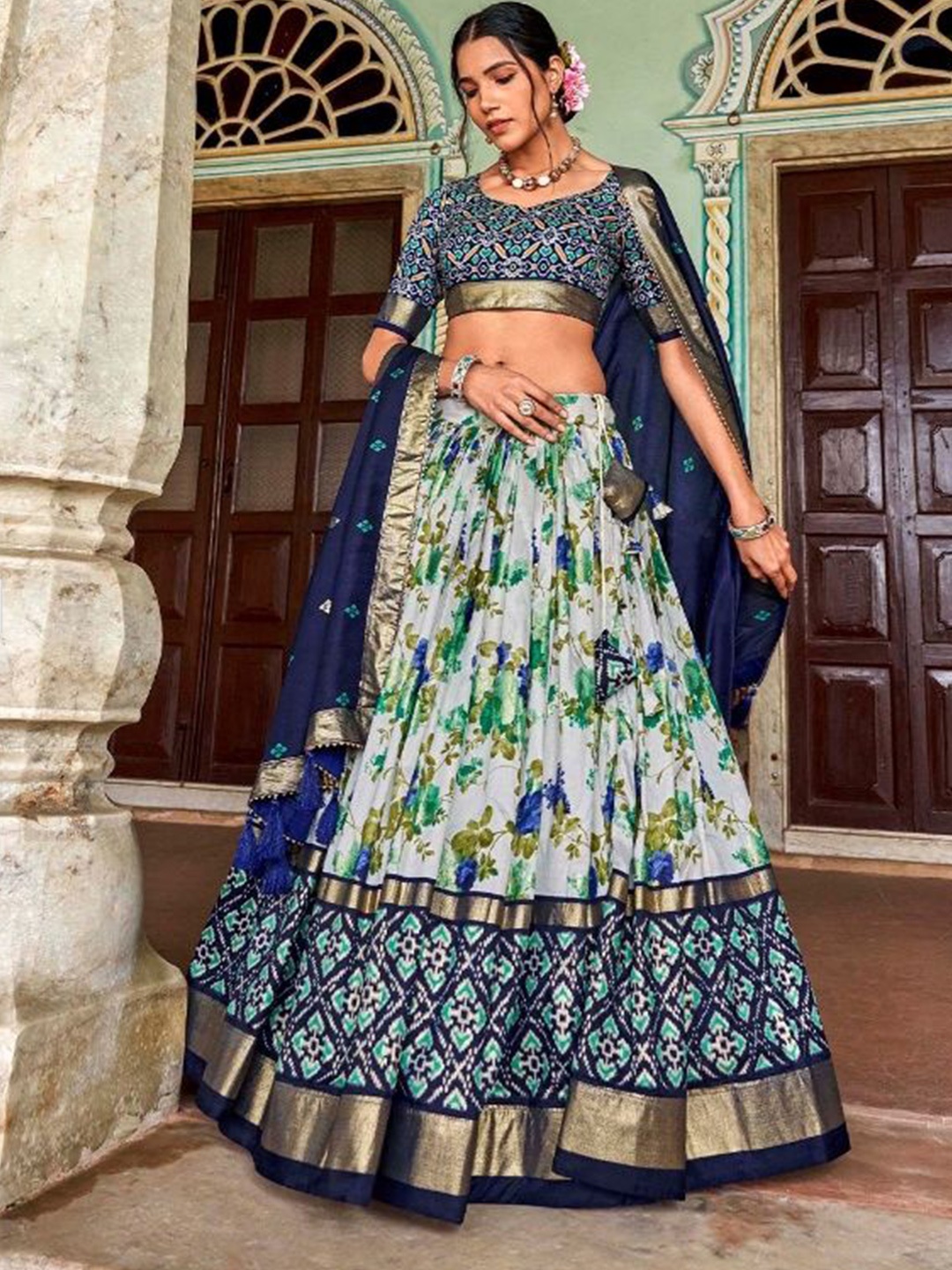 

RADHVI BIZ Printed Kalamkari Ready to Wear Lehenga & Semi-Stitched Blouse With Dupatta, Navy blue