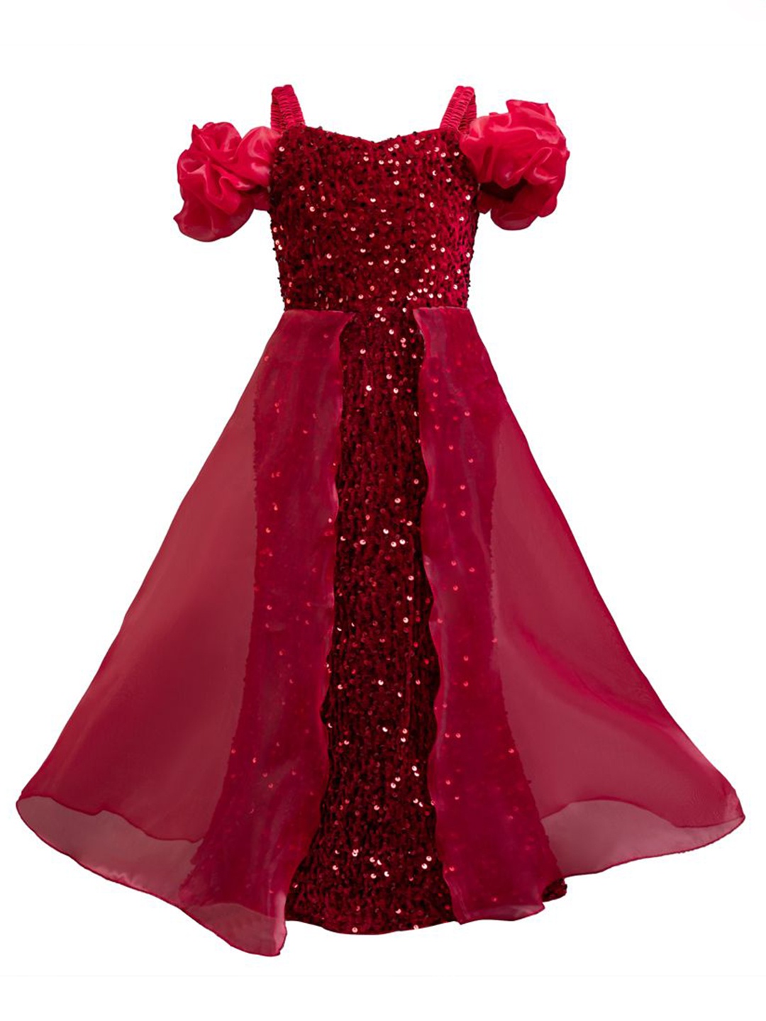 

StyleCast x Revolte Embellished Puff Sleeve Ruffled Net Maxi Dress, Red