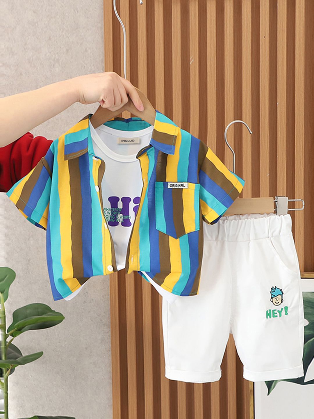 

INCLUD Boys Striped Shirt With Sleeveless T-Shirt And Shorts, Yellow