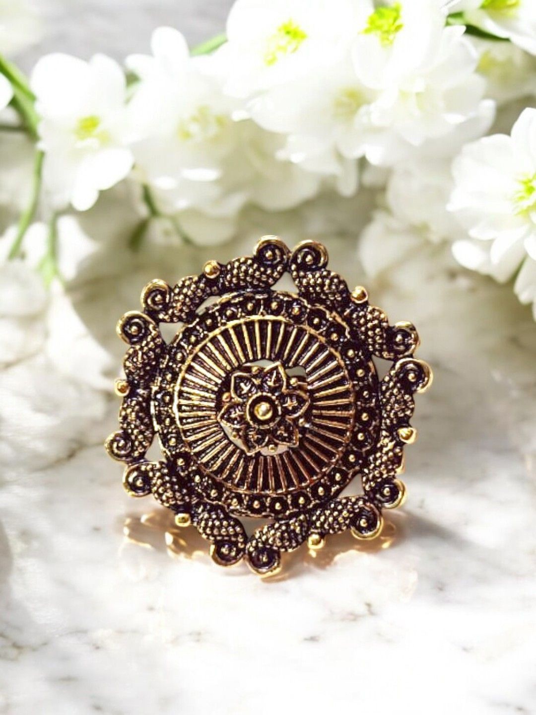 

Anouk Brass-Plated Floral Antique Oxidised Finger Ring, Gold