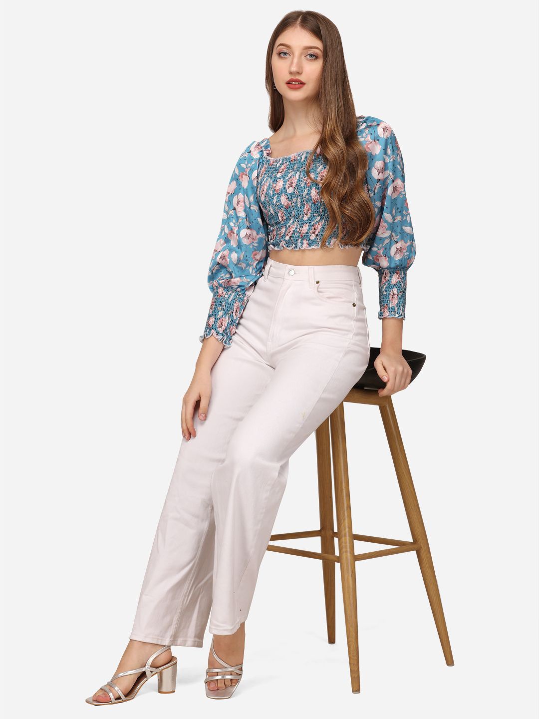 

SXV STYLE Floral Bohemian Satin Crop Top, Blue