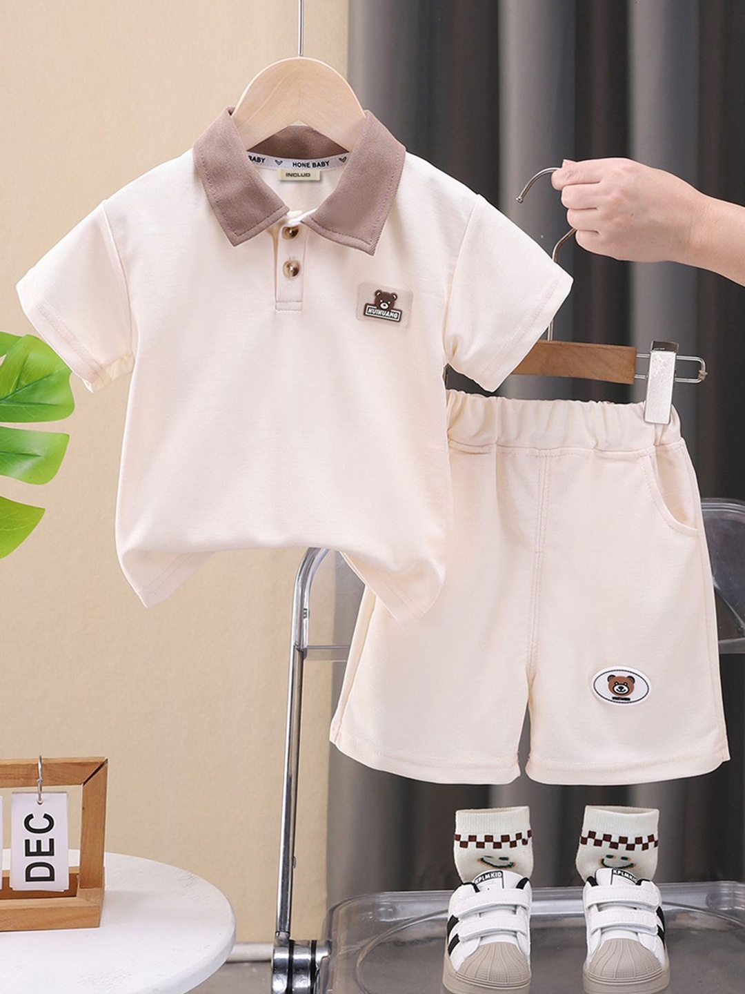 

INCLUD Boys Shirt Collar T-shirt With Shorts, Beige