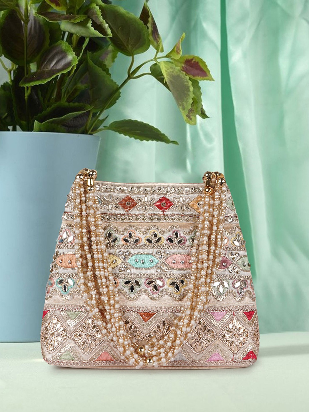 

PLANX Embroidered Quilted Potli Clutch, Cream