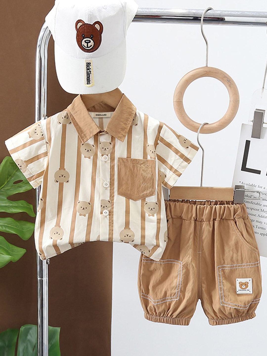 

INCLUD Boys Striped Shirt With Shorts, Khaki