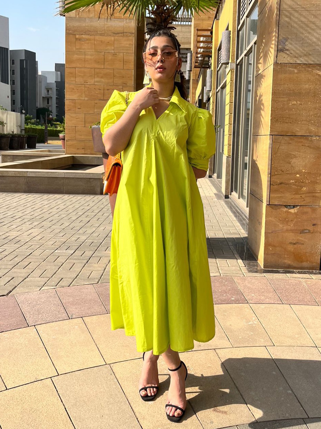 

HIGH BUY Women Cotton Shirt Collar Puff Sleeves Maxi A-Line Dress, Lime green