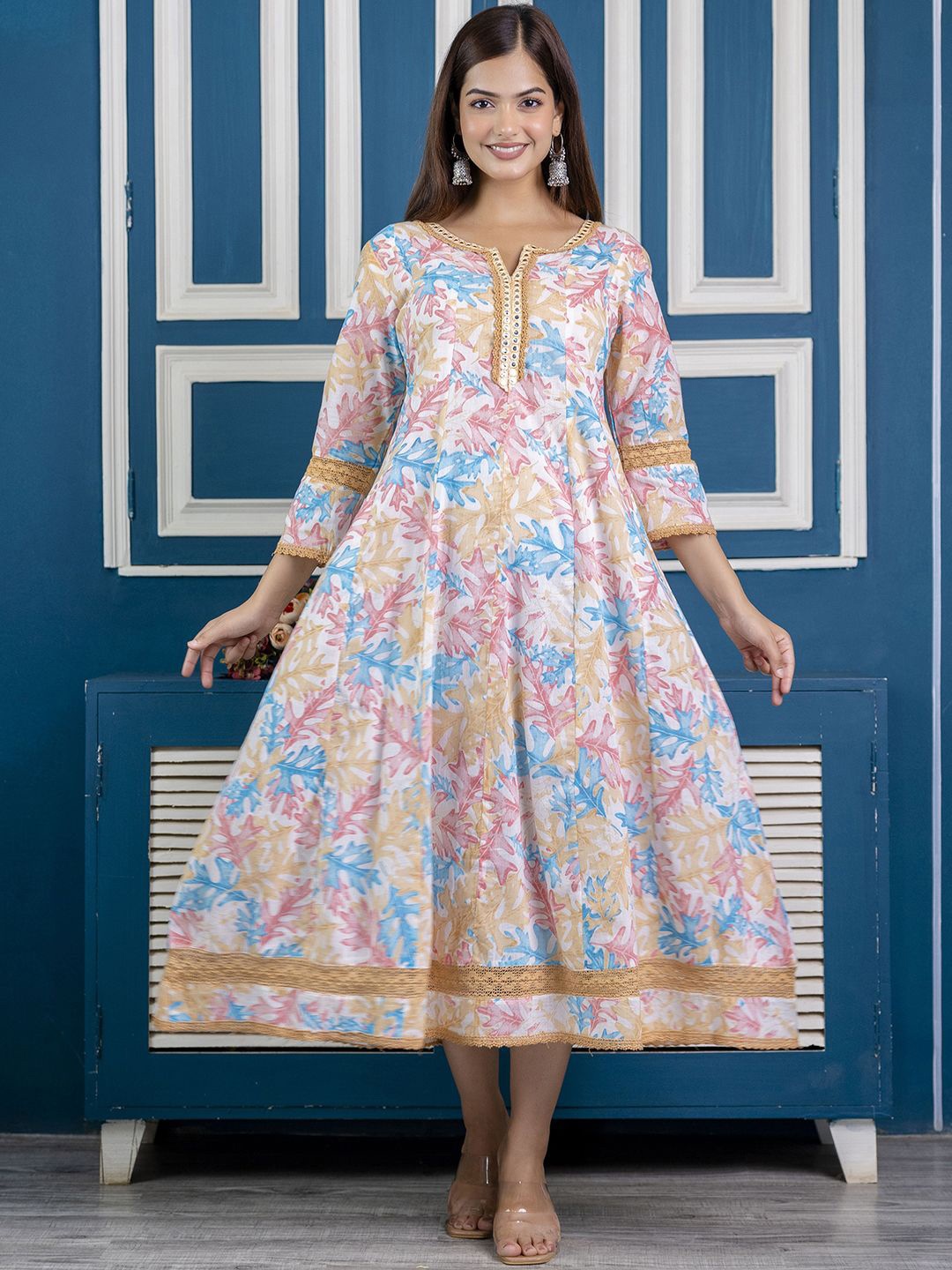 

BAIRAJ Floral Printed Notch Neck Cotton Ethnic Dress, White