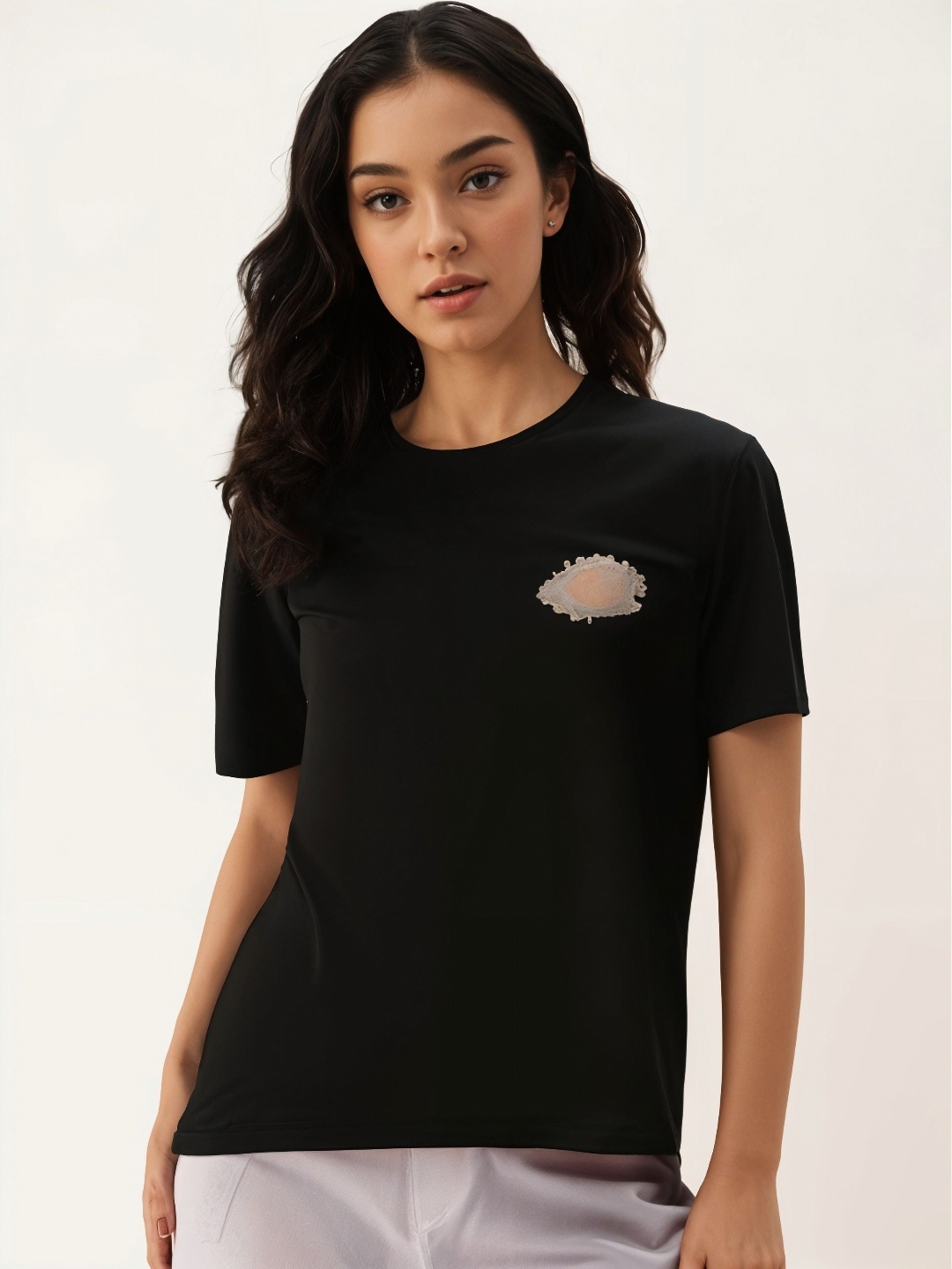 

MACK JONNEY Women Printed Applique T-shirt, Black