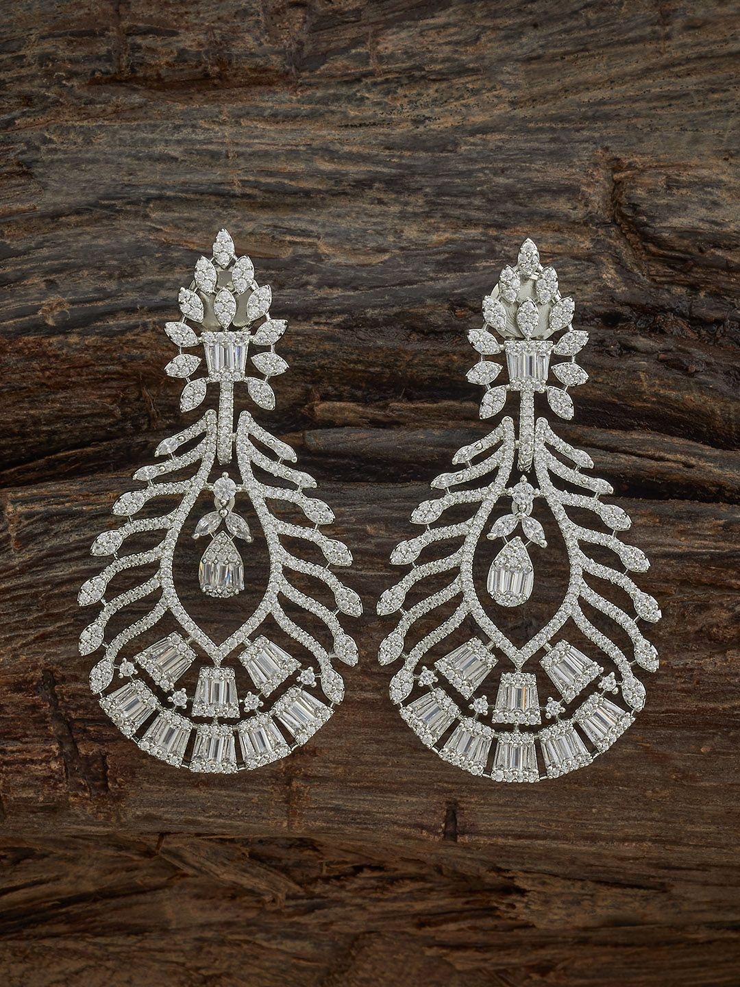 

Kushal's Fashion Jewellery Rhodium-Plated Zircon Studded Teardrop Shaped Drop Earrings, Silver