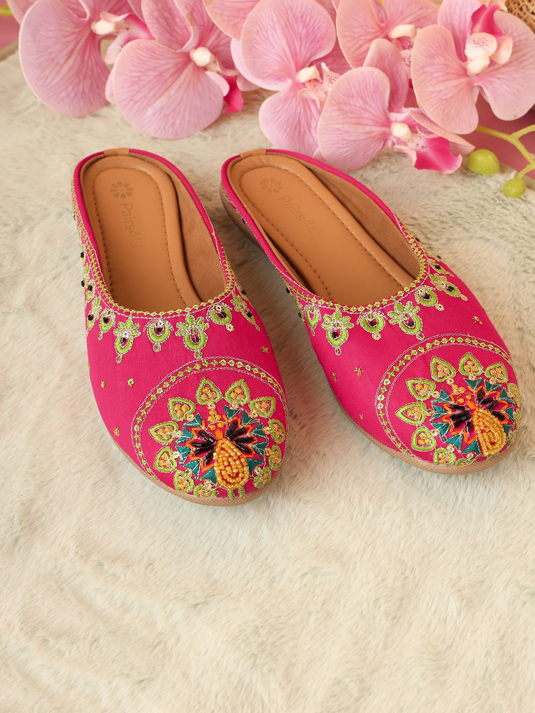 

Pairs4U Women Embellished Ethnic Mojaris with Embroidered Flats, Pink