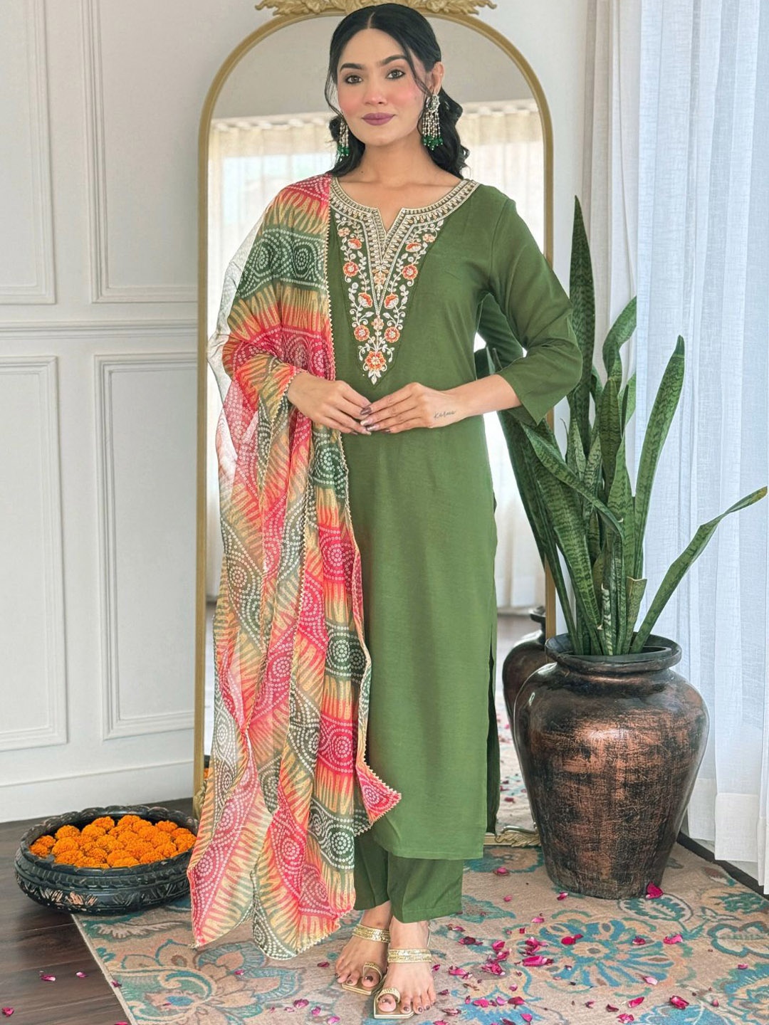 

KALINI Floral Yoke Design Sequinned Straight Kurta With Trousers And Dupatta, Green