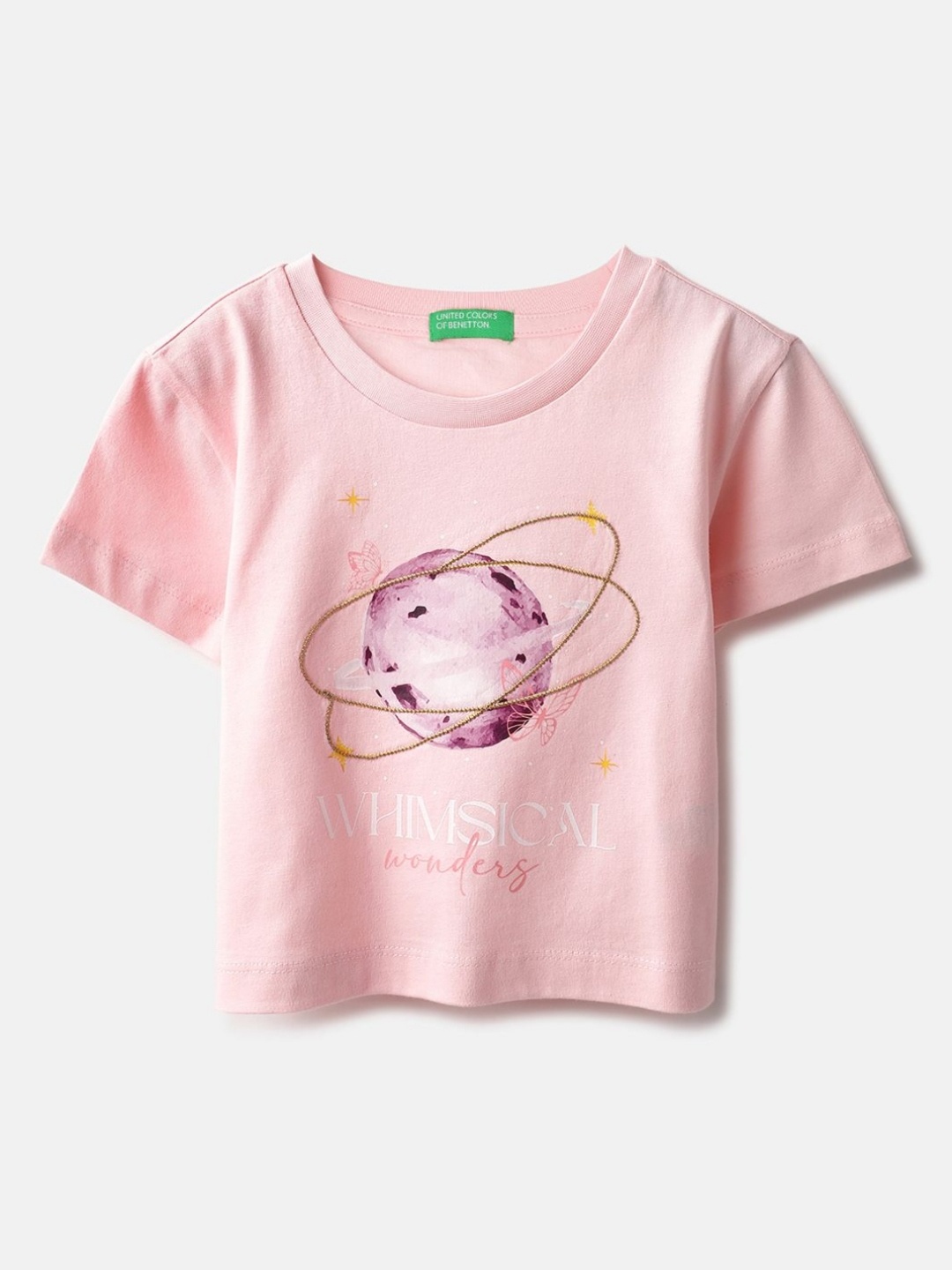 

United Colors of Benetton Girls Printed Pure Cotton Raw Edge T-shirt, Pink